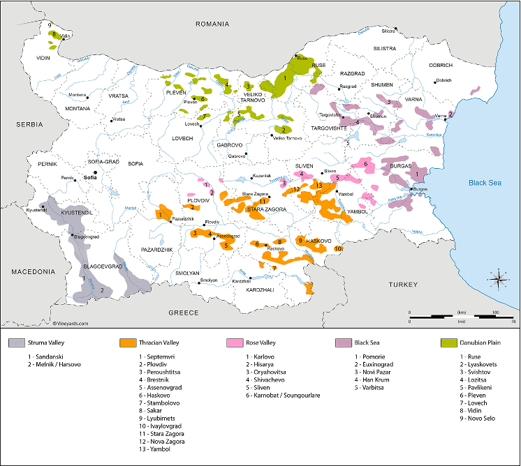 Map of Bulgaria's wine regions, including the Struma Valley and Melnik