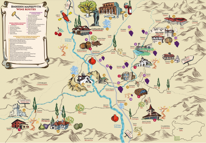 Illustrated map of the Melnik wine route