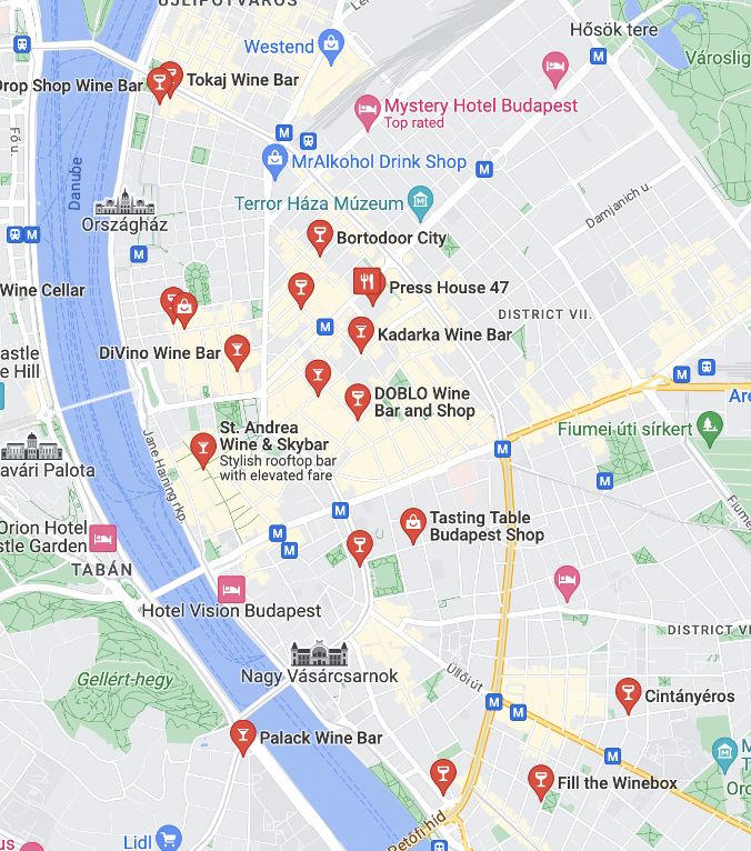 Map of wine bars visited in central Budapest