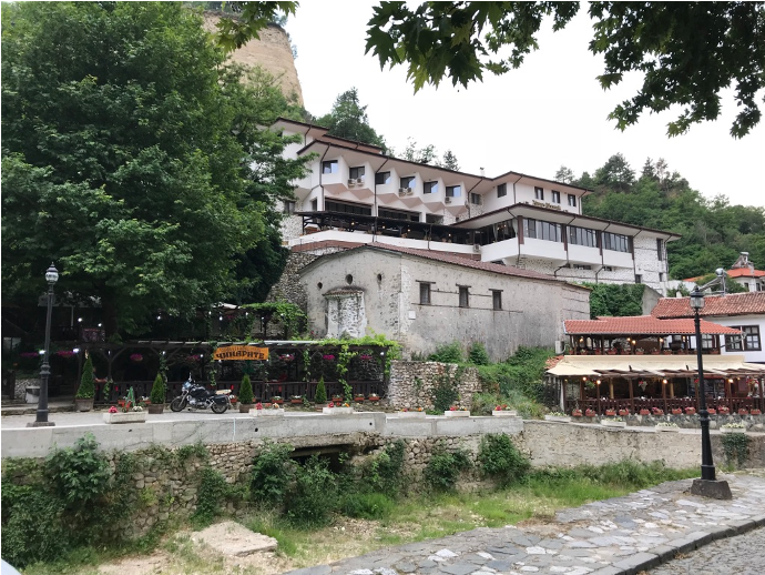 Traditional houses beside the stream in Melnik town centre