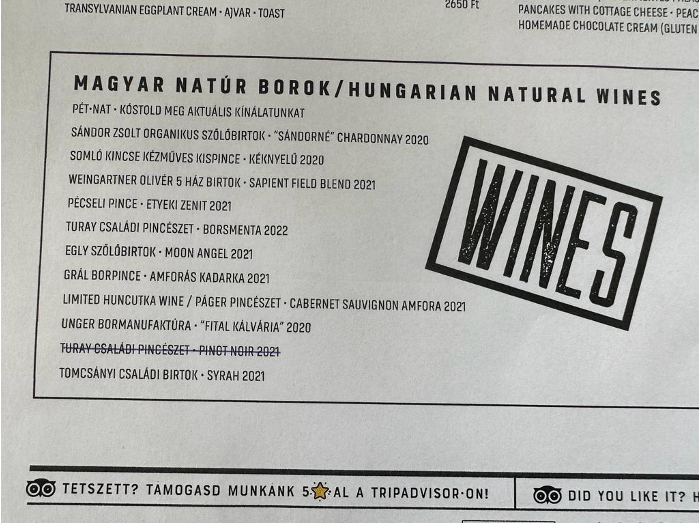 Hungarian natural wine menu at Huncutka Bite and Wine